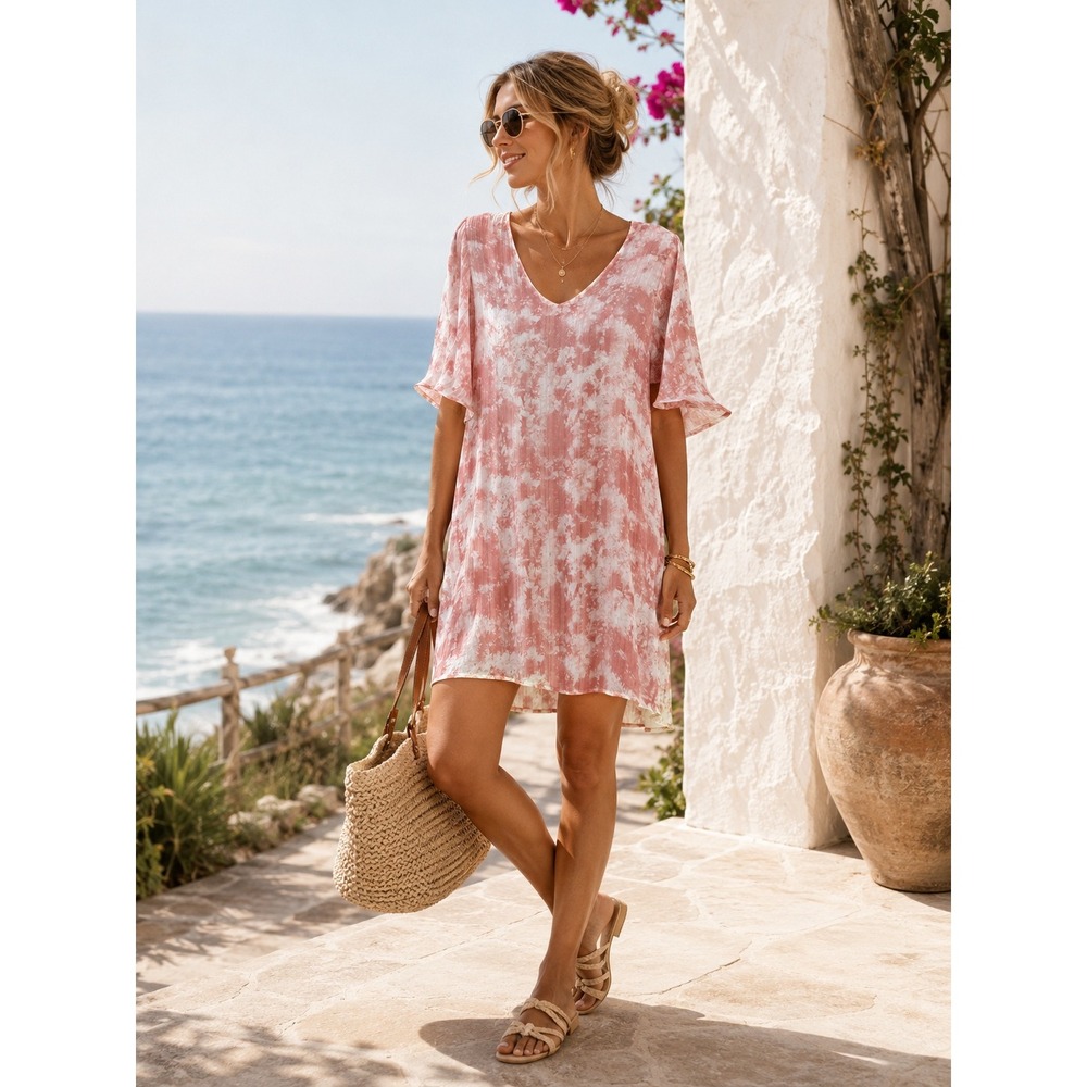 Tyche Shift Dress Tie Dye V-Neck Pink White Size Small‎ Flutter Sleeve Mini